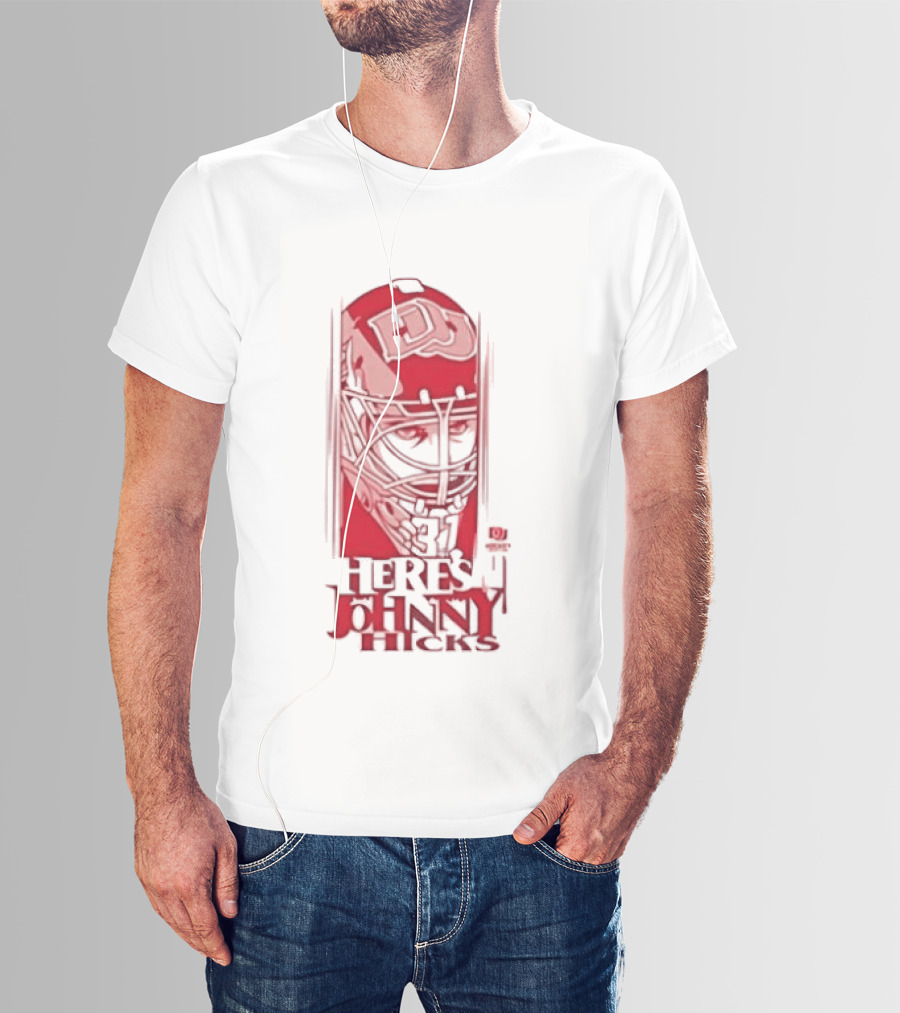 Here's Johnny Hicks Denver Pioneers Men's Ice Hockey Mask DJ T-Shirt