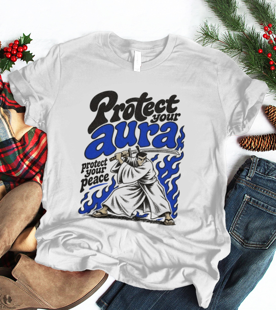 Protect Your Aura Samurai Protect Your Peace Blue Flames T-Shirt