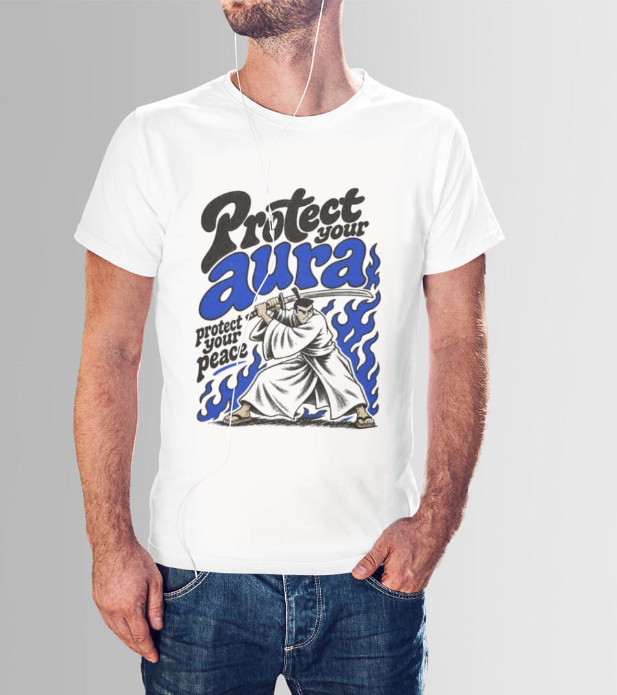 Protect Your Aura Samurai Protect Your Peace Blue Flames T-Shirt
