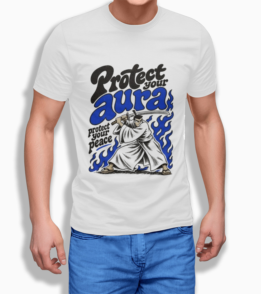 Protect Your Aura Samurai Protect Your Peace Blue Flames T-Shirt