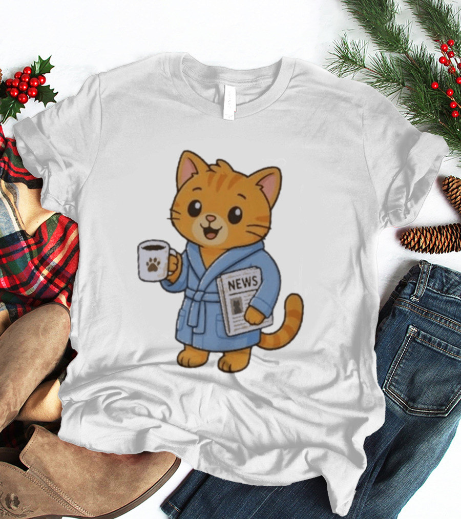 Cat In Bathrobe With Coffee And Newspaper T-Shirt