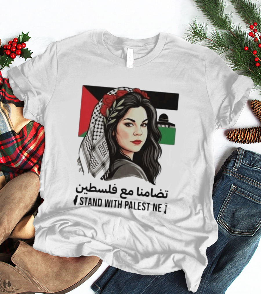Stand With Palestine Women تضامنًا مع فلسطين Iconic Figure With Traditional Scarf And Flag T-Shirt