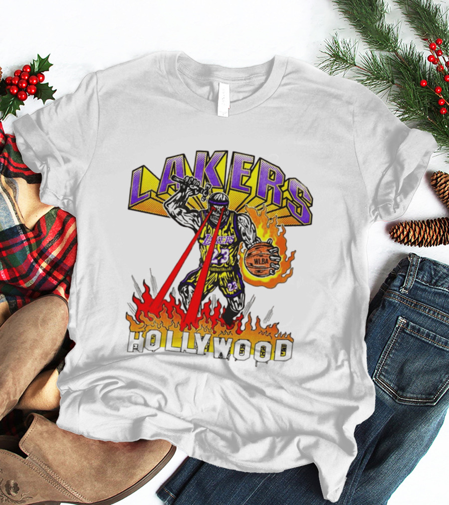 Rare Warren Lotas Los Angeles Lakers Hollywood Basketball Player Flames Laser Eyes 23 Team T-Shirt