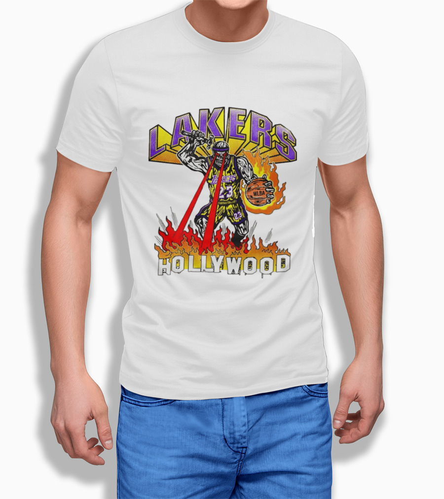Rare Warren Lotas Los Angeles Lakers Hollywood Basketball Player Flames Laser Eyes 23 Team T-Shirt