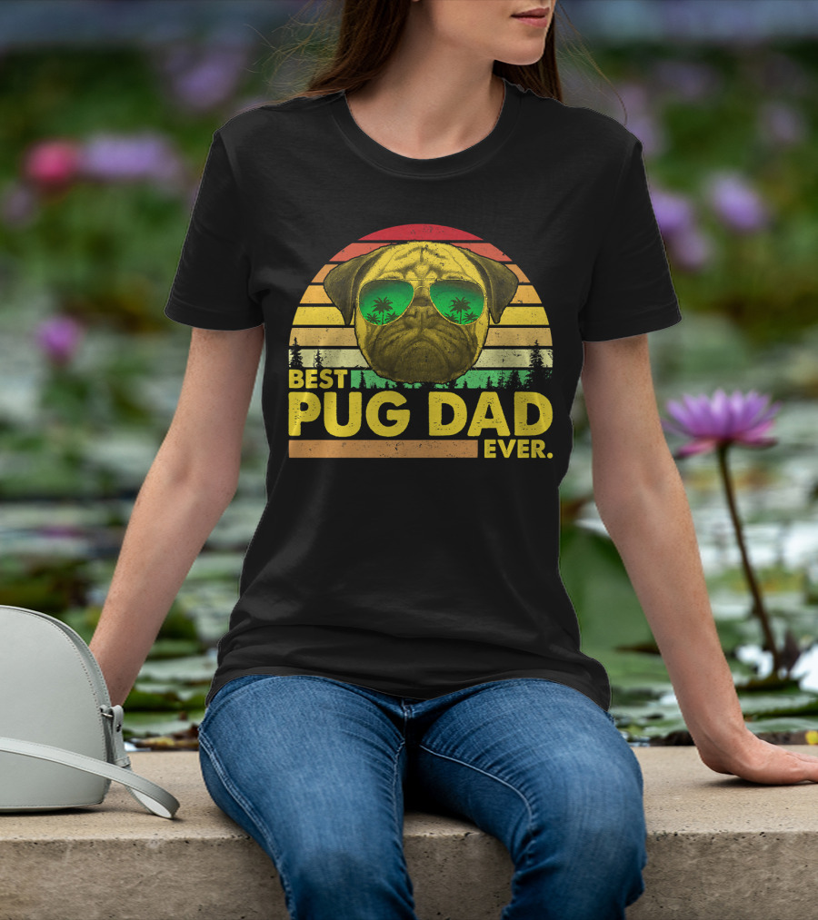 Best Pug Dad Ever Sunglasses Vintage Sunset T-Shirt
