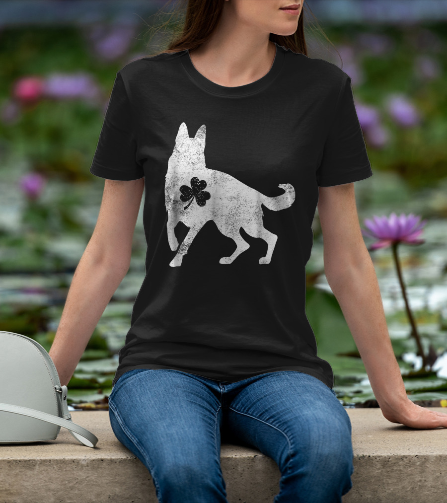 German Shepherd Silhouette Irish Clover St Patrick's Day Dog T-Shirt