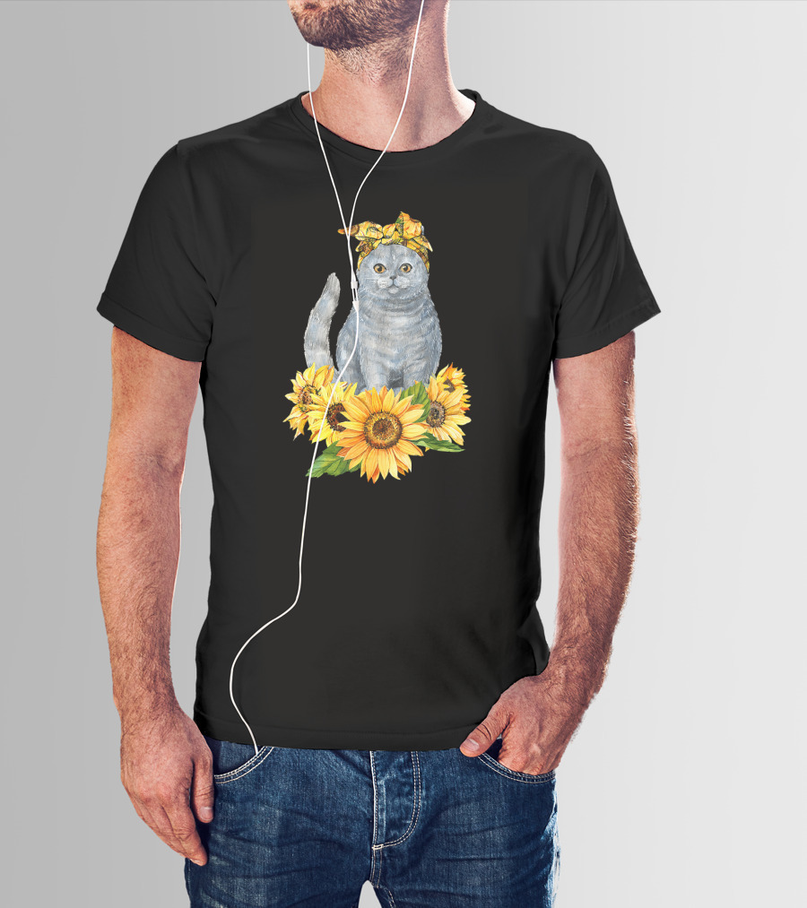 Hippie Cat With Sunflower Bandana And Sunflowers Cute Cat Lover T-Shirt
