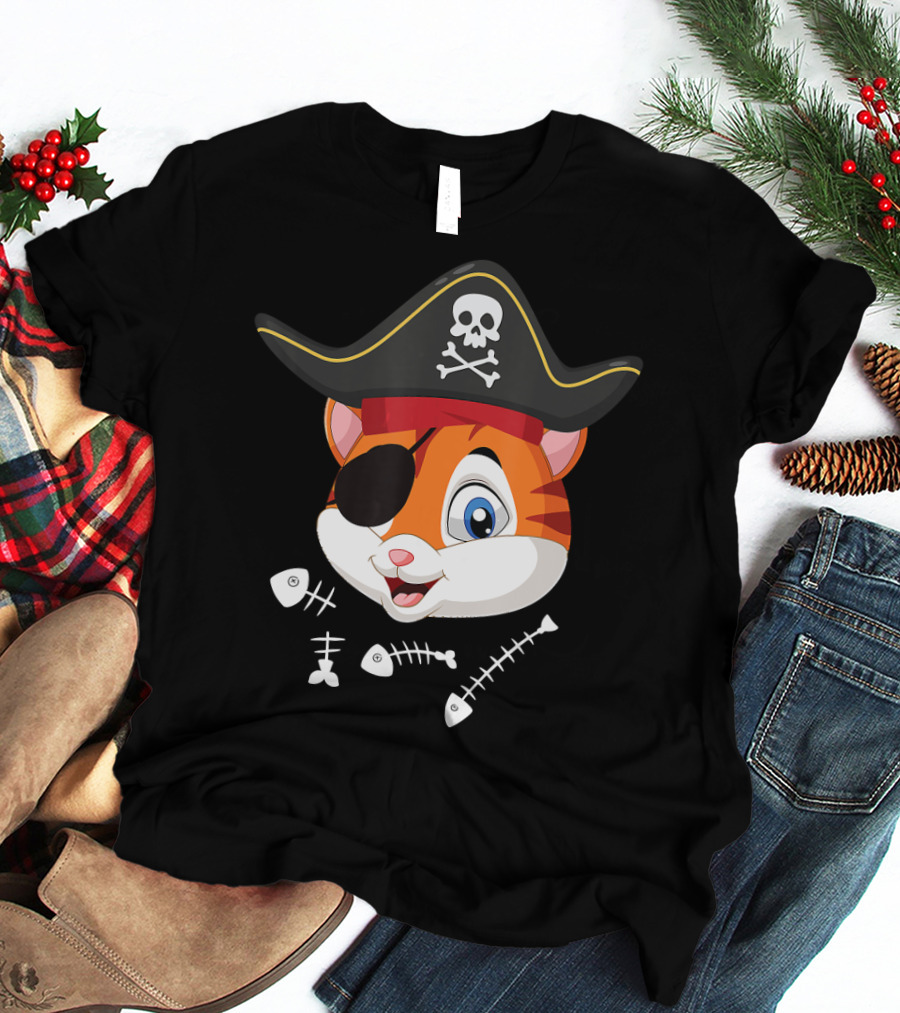 Halloween Pirate Cat With Eyepatch And Fish Bones T-Shirt
