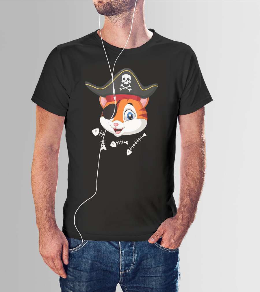 Halloween Pirate Cat With Eyepatch And Fish Bones T-Shirt
