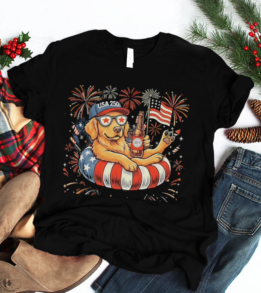 Golden Retriever Beer USA 250 Fireworks American Flag 4th Of July T-Shirt