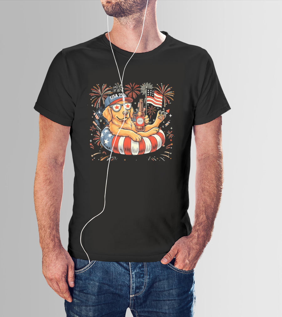 Golden Retriever Beer USA 250 Fireworks American Flag 4th Of July T-Shirt