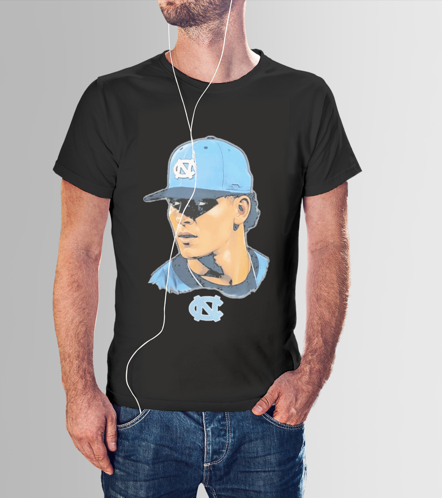 UNC Tar Heels Baseball Portrait Comic Style Navy Blue Cap T-Shirt