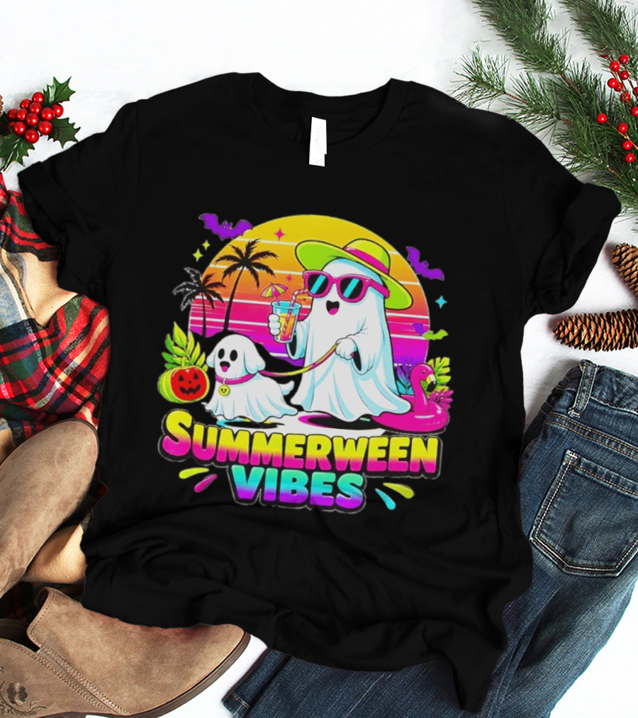 Summerween Vibes Ghost Walking Dog Retro Sunset Tropical Beach Party T-Shirt
