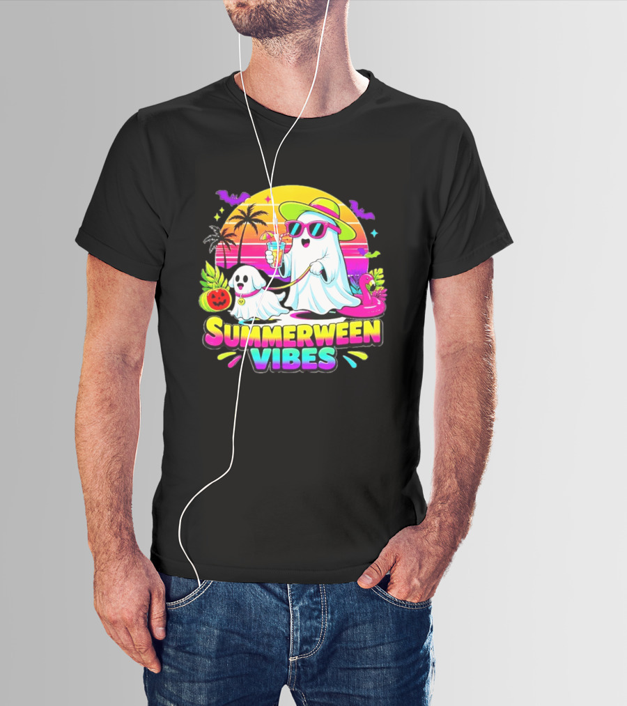 Summerween Vibes Ghost Walking Dog Retro Sunset Tropical Beach Party T-Shirt
