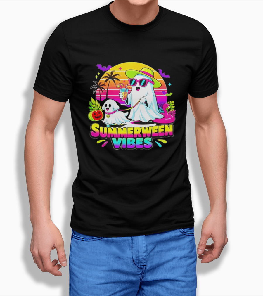 Summerween Vibes Ghost Walking Dog Retro Sunset Tropical Beach Party T-Shirt