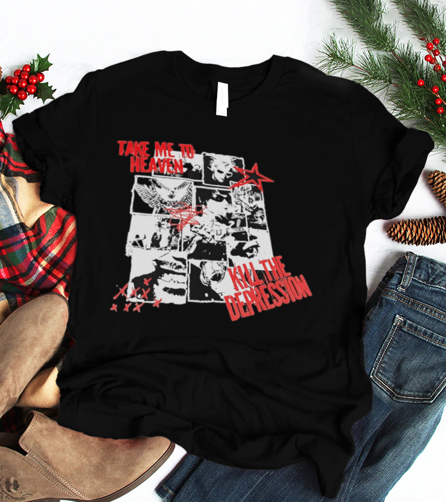 Take Me To Heaven Kill The Depression Kurt Cobain Nirvana Punk Rock Concert Collage T-Shirt