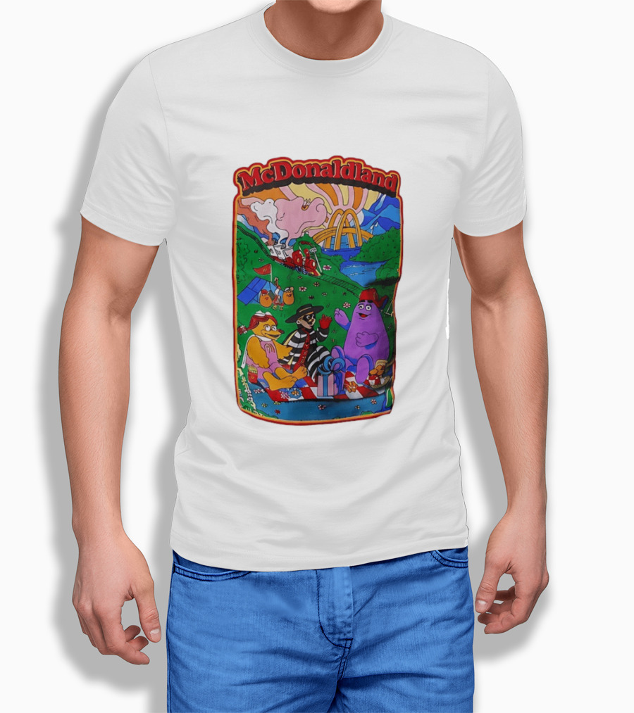 McDonaldland Hamburglar Grimace Birdie Picnic Train Scene T-Shirt