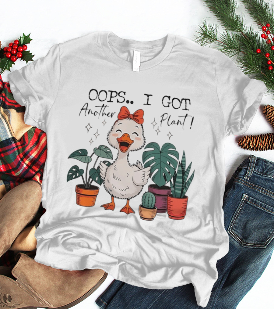 Oops I Got Another Plant Cartoon Duck Cute Bow Houseplants T-Shirt