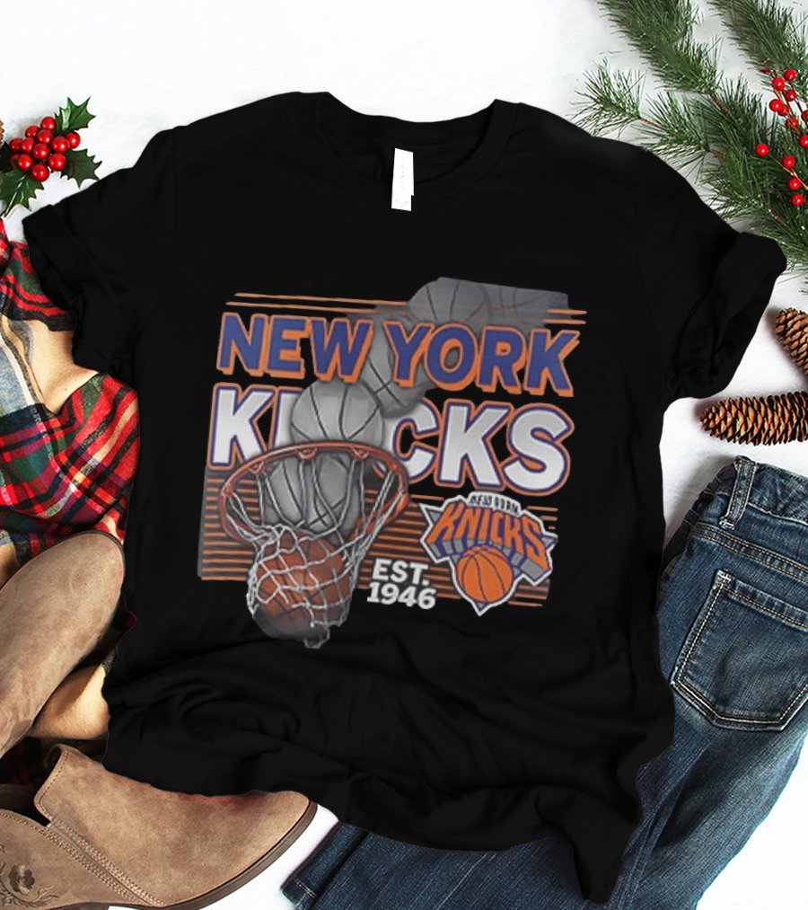 New York Knicks Basketball Hoop Net Est 1946 Team Logo 2 Sided T-Shirt