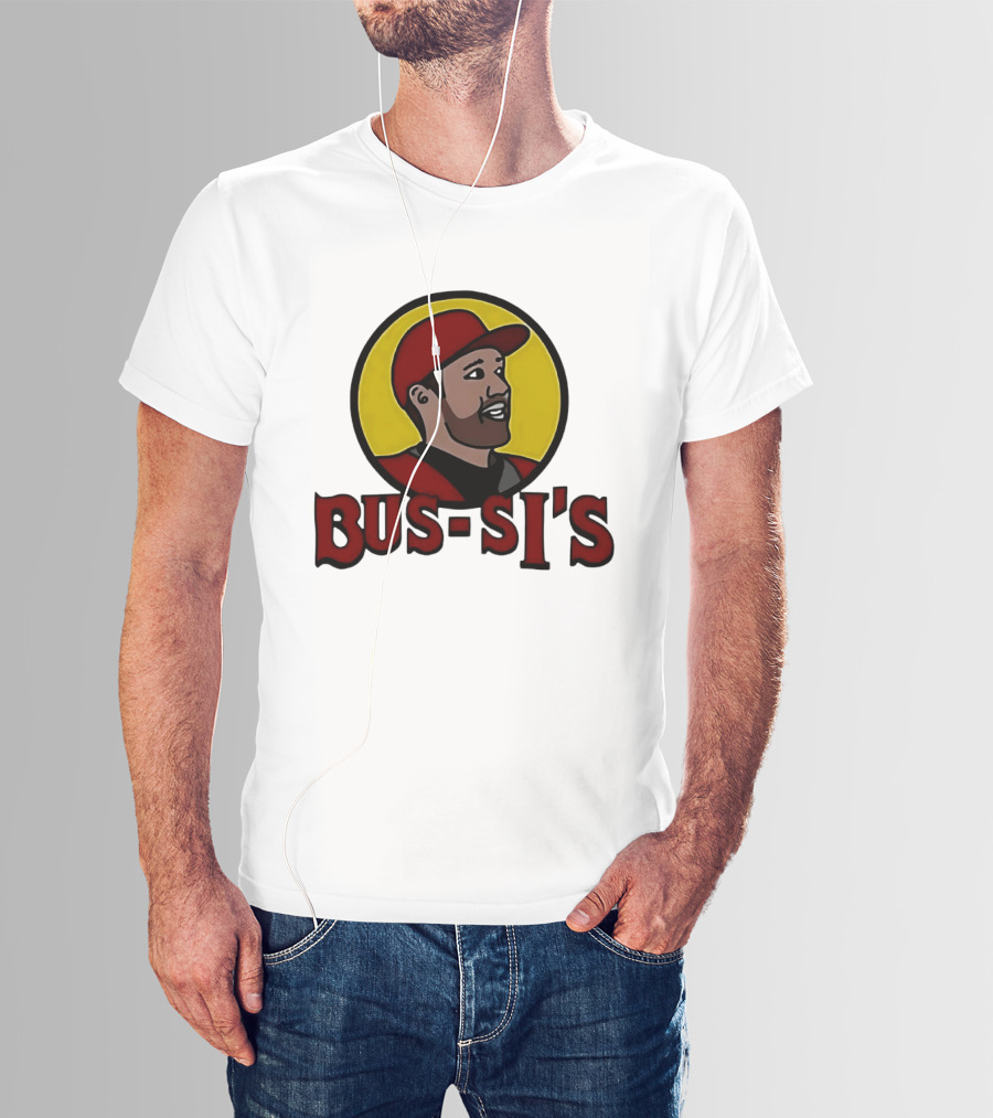 Bus Si's Baseball Player Cartoon Logo Design White T-Shirt