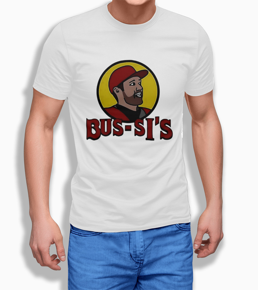 Bus Si's Baseball Player Cartoon Logo Design White T-Shirt