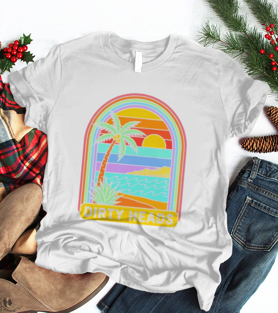 Dirty Heads Tropical Beach Palm Tree Rainbow Arch Sunset T-Shirt