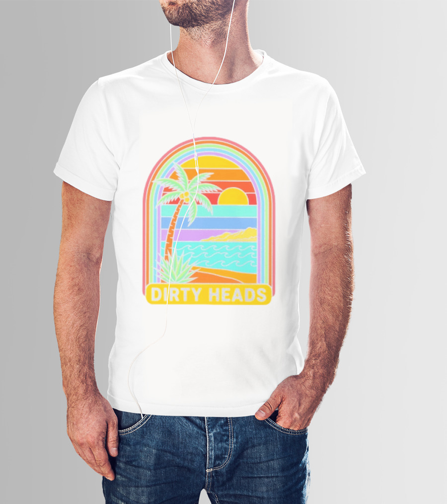 Dirty Heads Tropical Beach Palm Tree Rainbow Arch Sunset T-Shirt