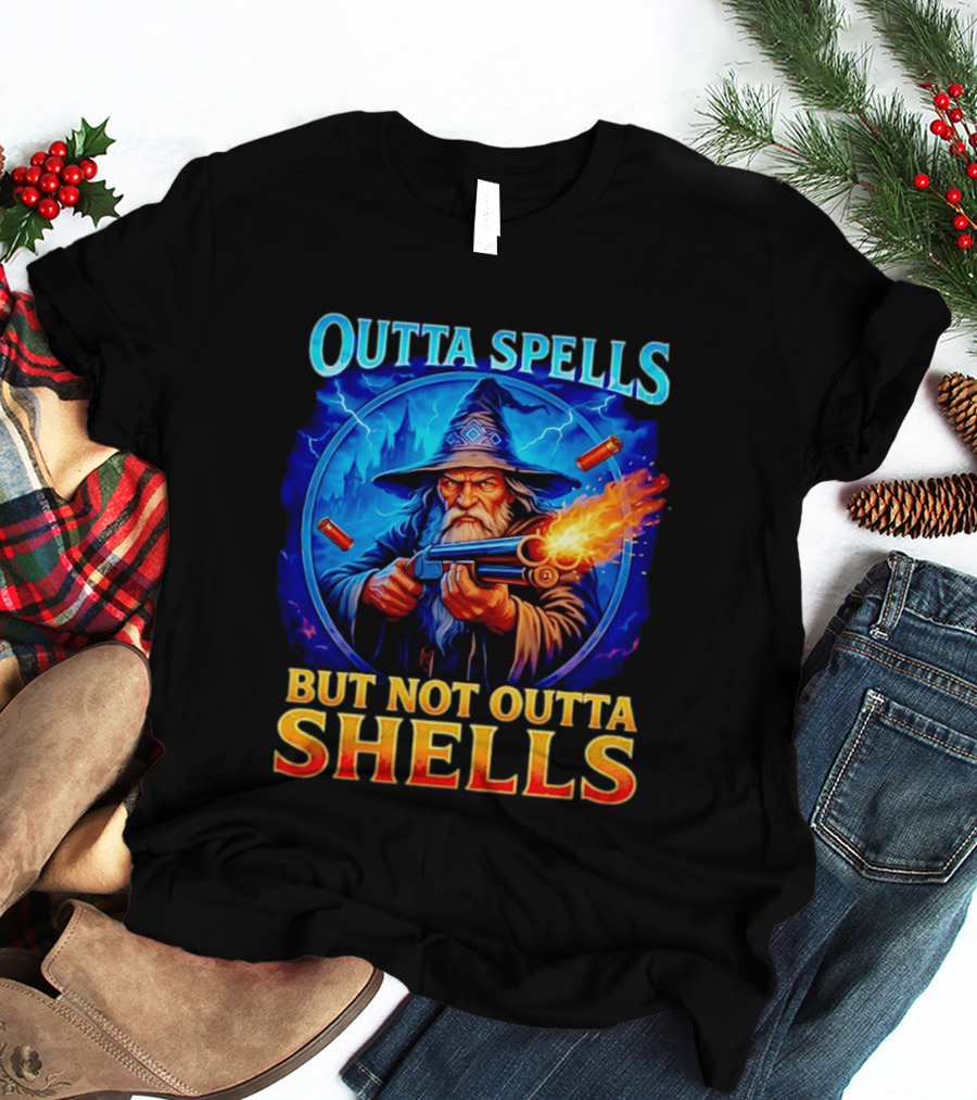 Outta Spells But Not Outta Shells Wizard With Gun Fantasy Humor T-Shirt