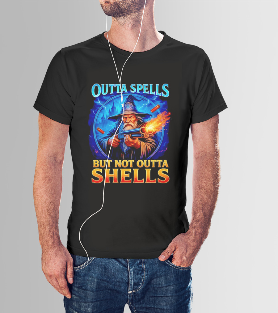 Outta Spells But Not Outta Shells Wizard With Gun Fantasy Humor T-Shirt