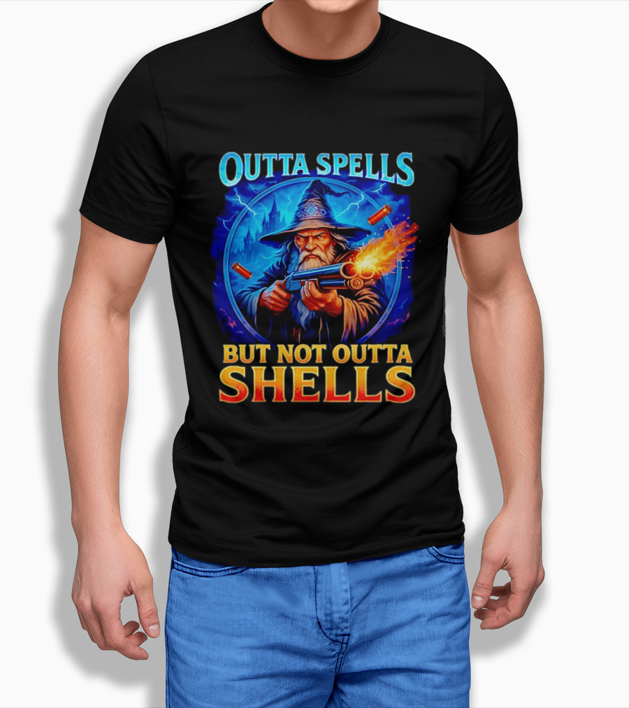 Outta Spells But Not Outta Shells Wizard With Gun Fantasy Humor T-Shirt