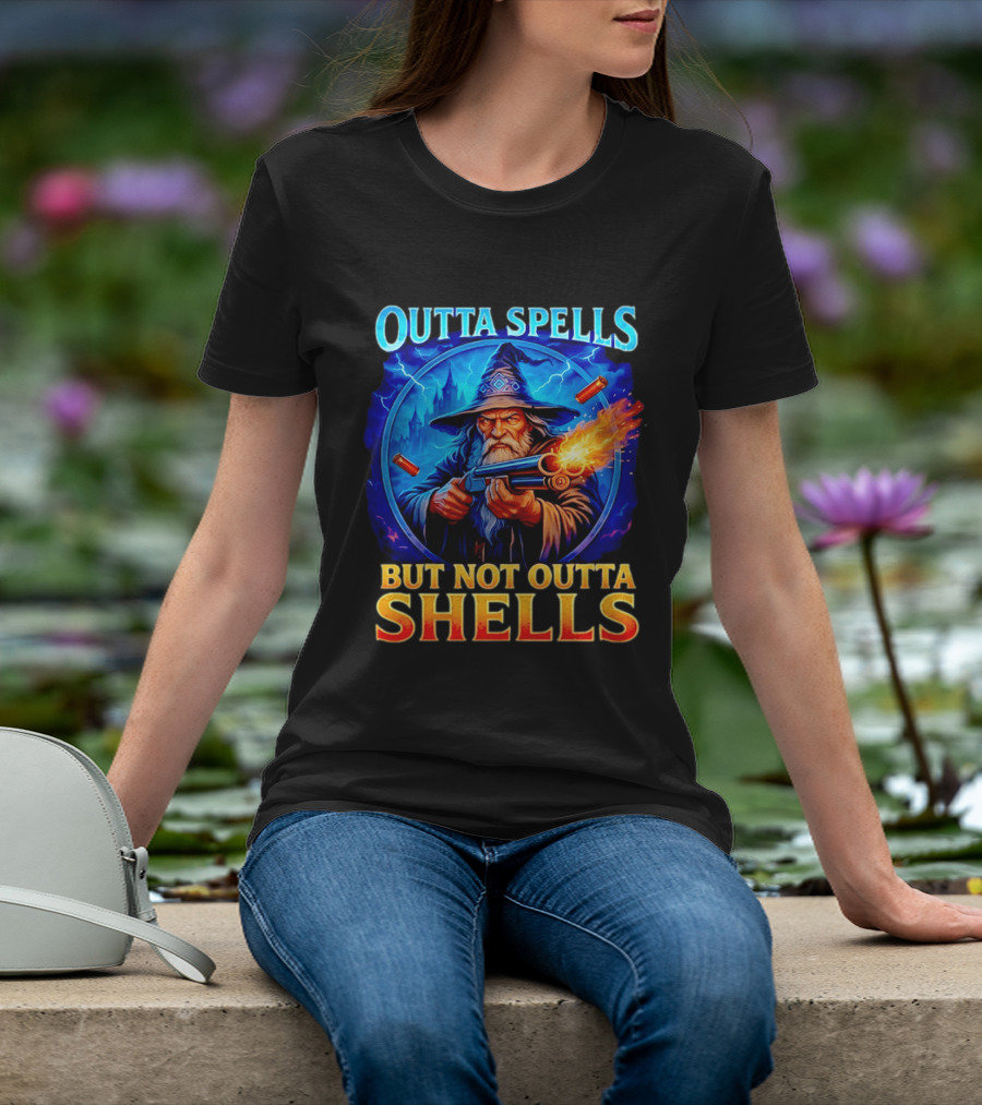 Outta Spells But Not Outta Shells Wizard With Gun Fantasy Humor T-Shirt