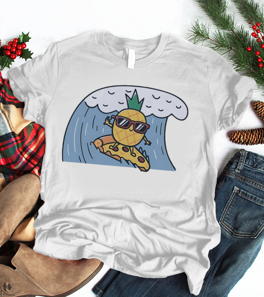 Pineapple Surfing On Pizza Slice Ocean Wave With Sunglasses Cartoon T-Shirt