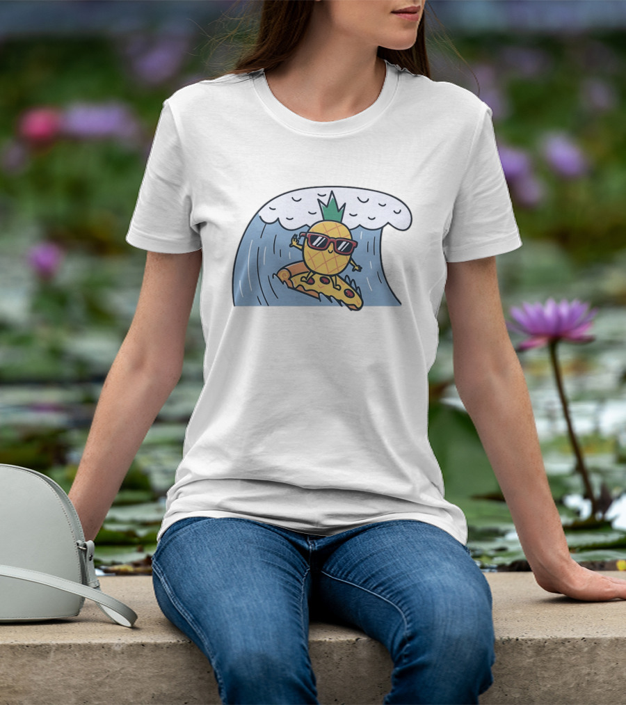 Pineapple Surfing On Pizza Slice Ocean Wave With Sunglasses Cartoon T-Shirt