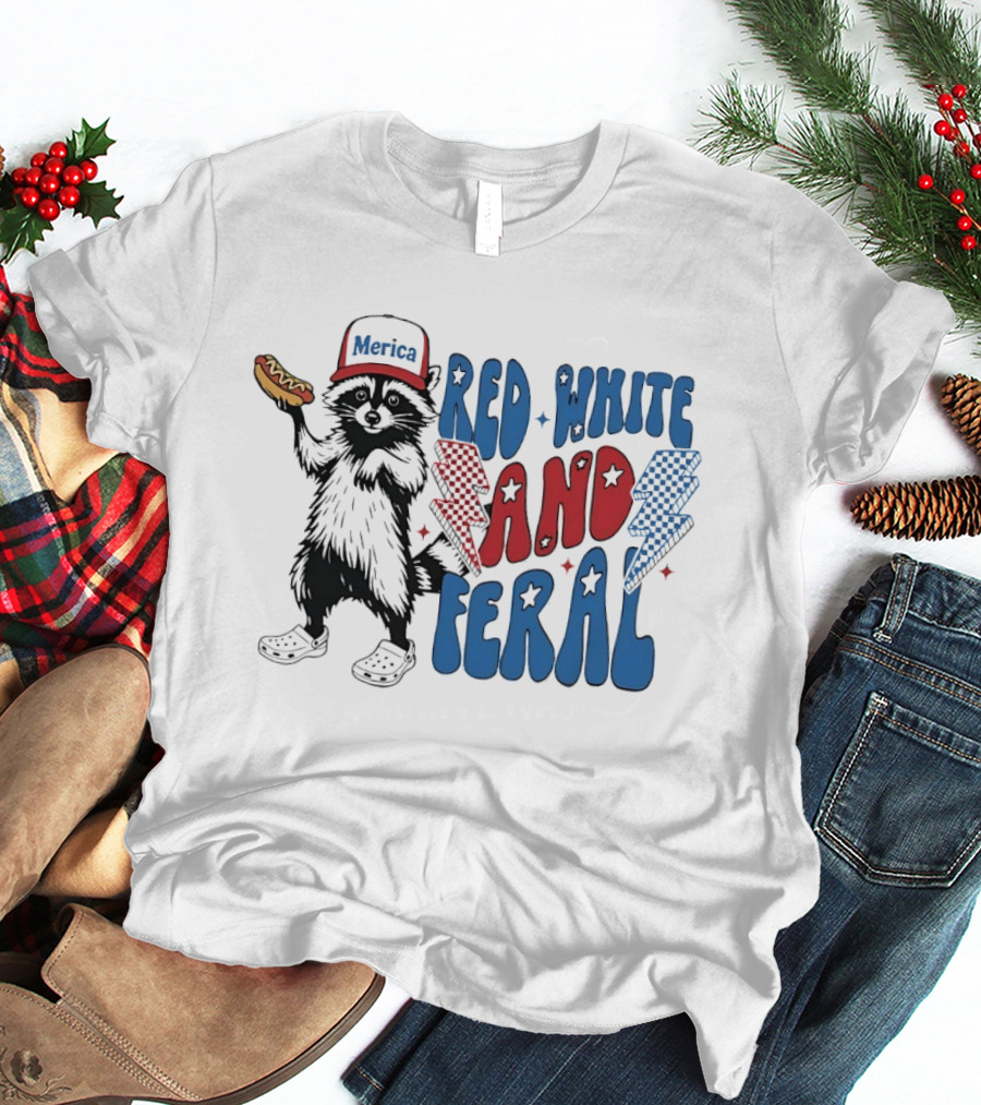 Red White And Feral Raccoon Hotdog Merica Cap Lightning Bolts Patriotic T-Shirt
