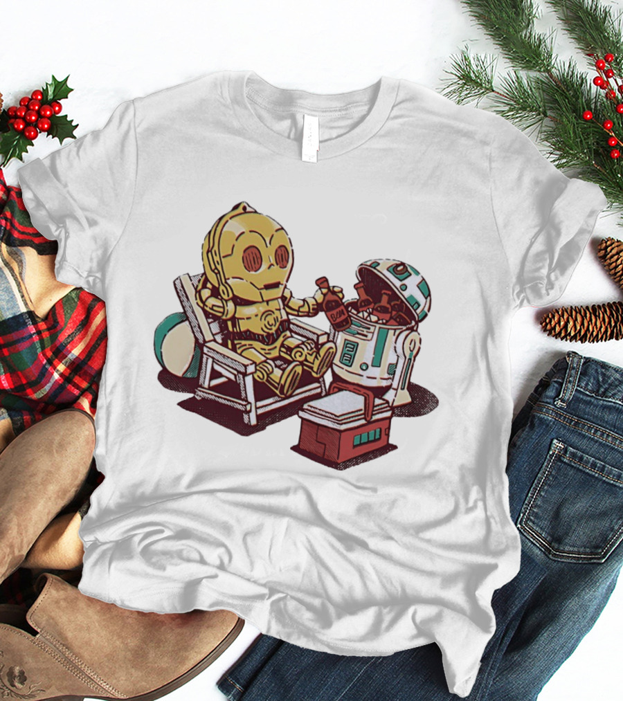 Stay Buddy Two Robots Relaxing Beach Chair Sci Fi Humor T-Shirt
