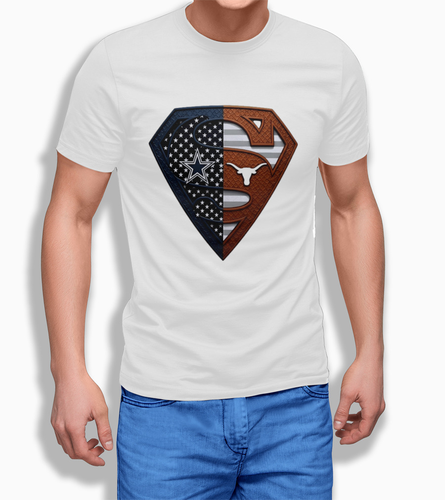 Dallas Cowboys Texas Longhorns Superman Shield Split Dual Icon Emblems T-Shirt