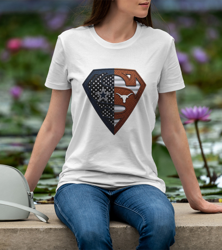Dallas Cowboys Texas Longhorns Superman Shield Split Dual Icon Emblems T-Shirt