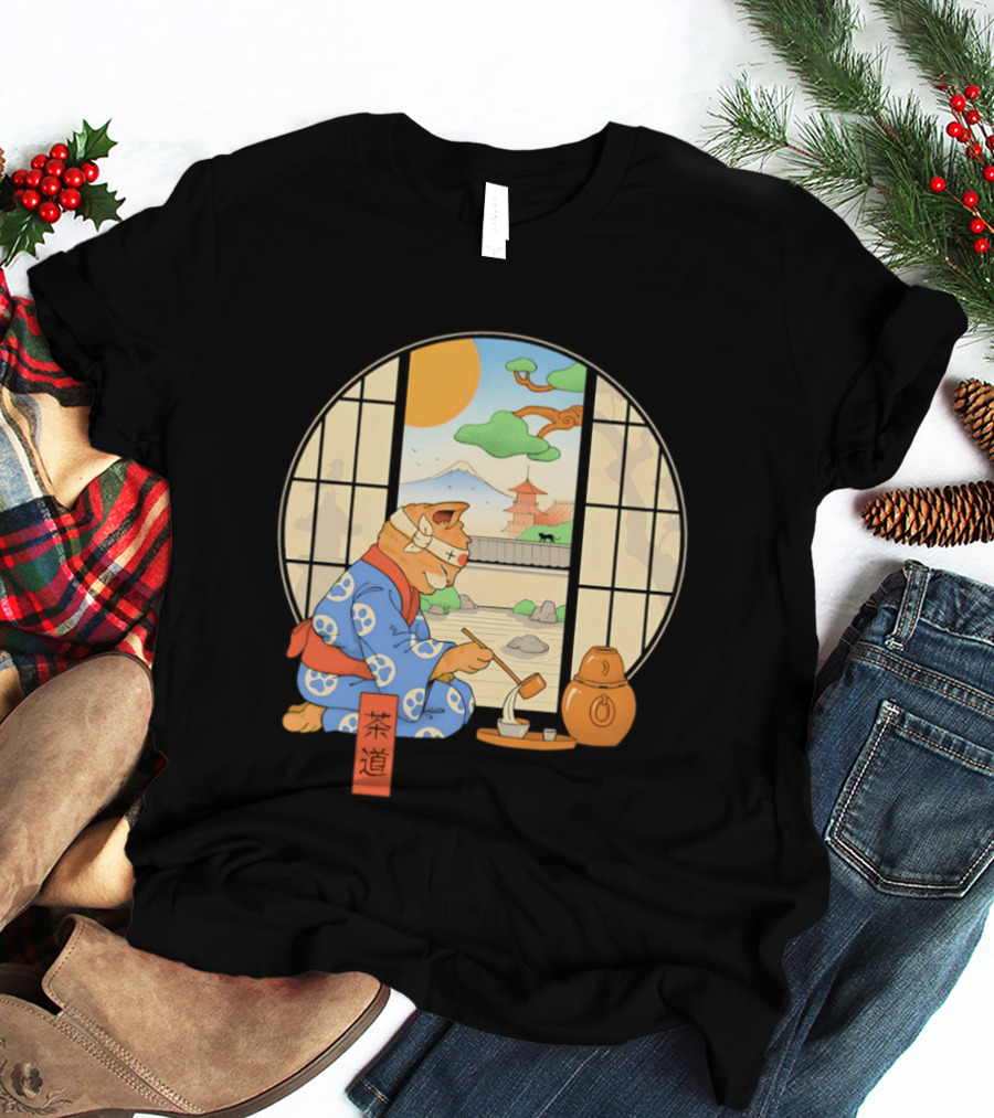 Ukiyo E Style Cat Tea Ceremony With Japanese Landscape T-Shirt