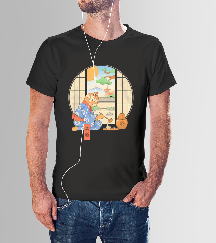 Ukiyo E Style Cat Tea Ceremony With Japanese Landscape T-Shirt