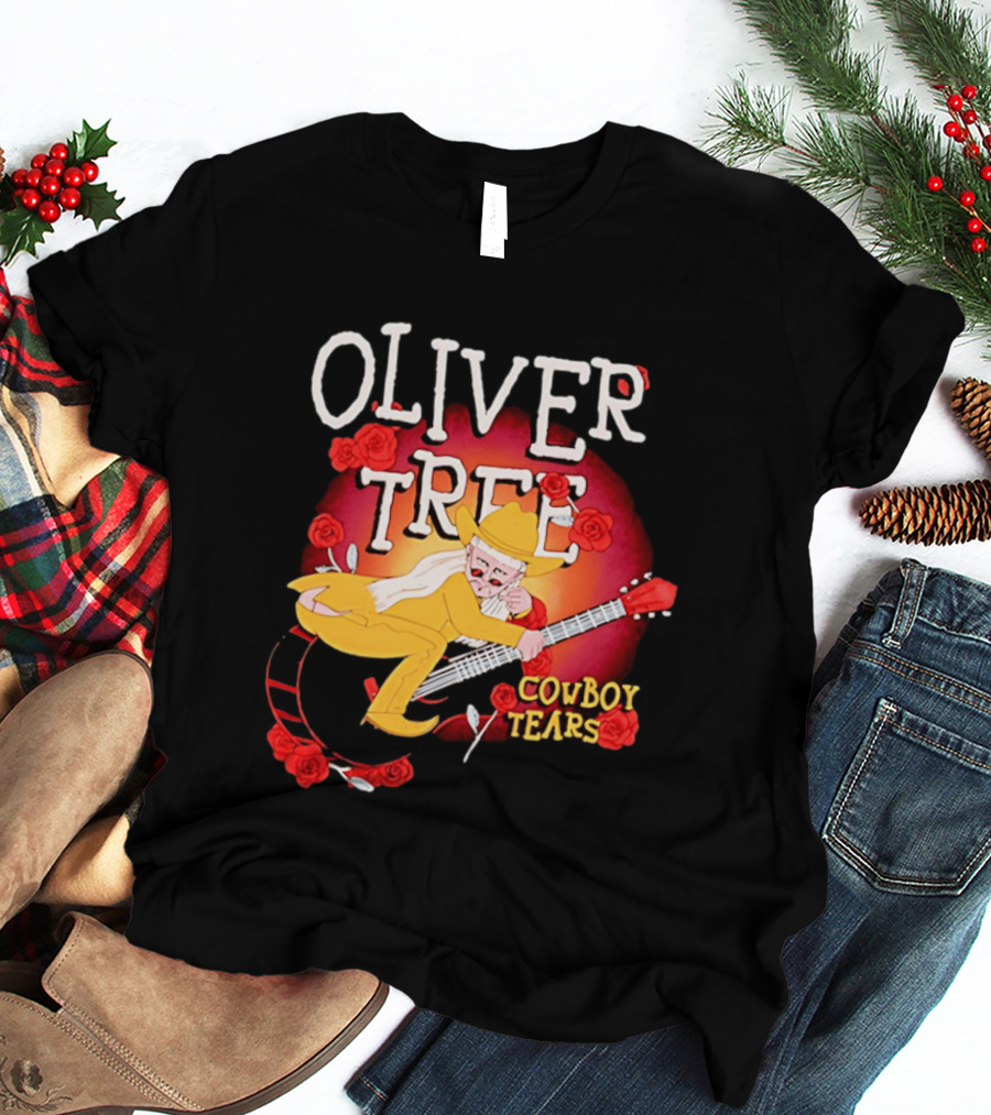 Oliver Tree Cowboy Tears Cartoon Character With Roses And Guitar T-Shirt