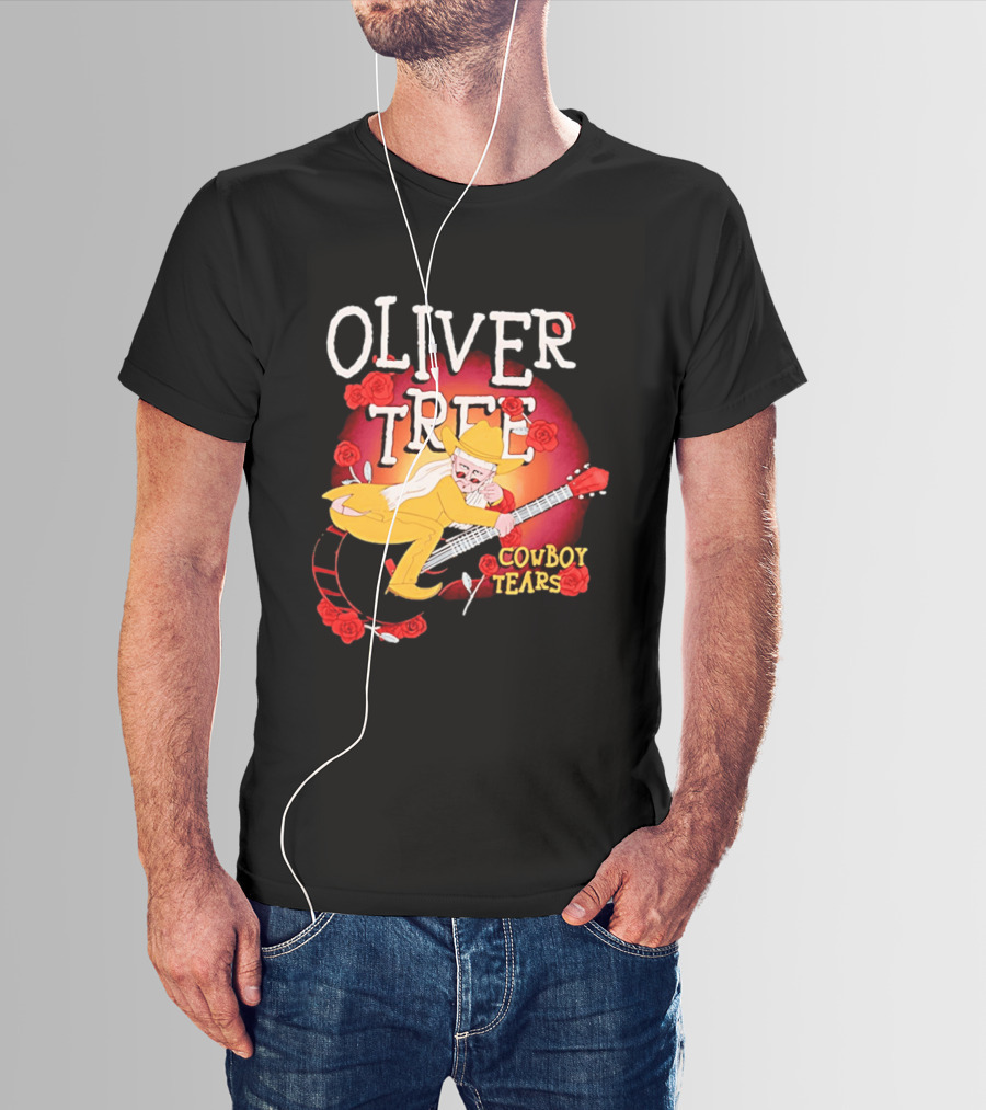 Oliver Tree Cowboy Tears Cartoon Character With Roses And Guitar T-Shirt