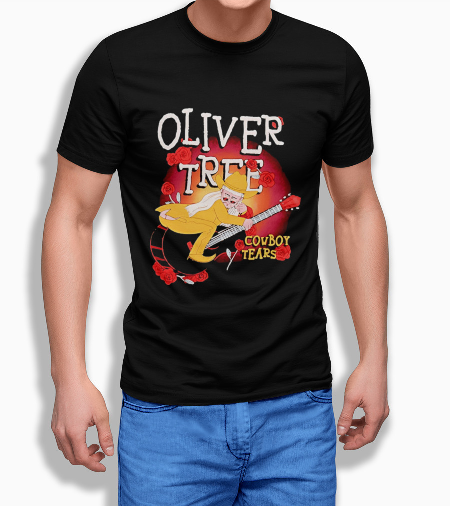 Oliver Tree Cowboy Tears Cartoon Character With Roses And Guitar T-Shirt
