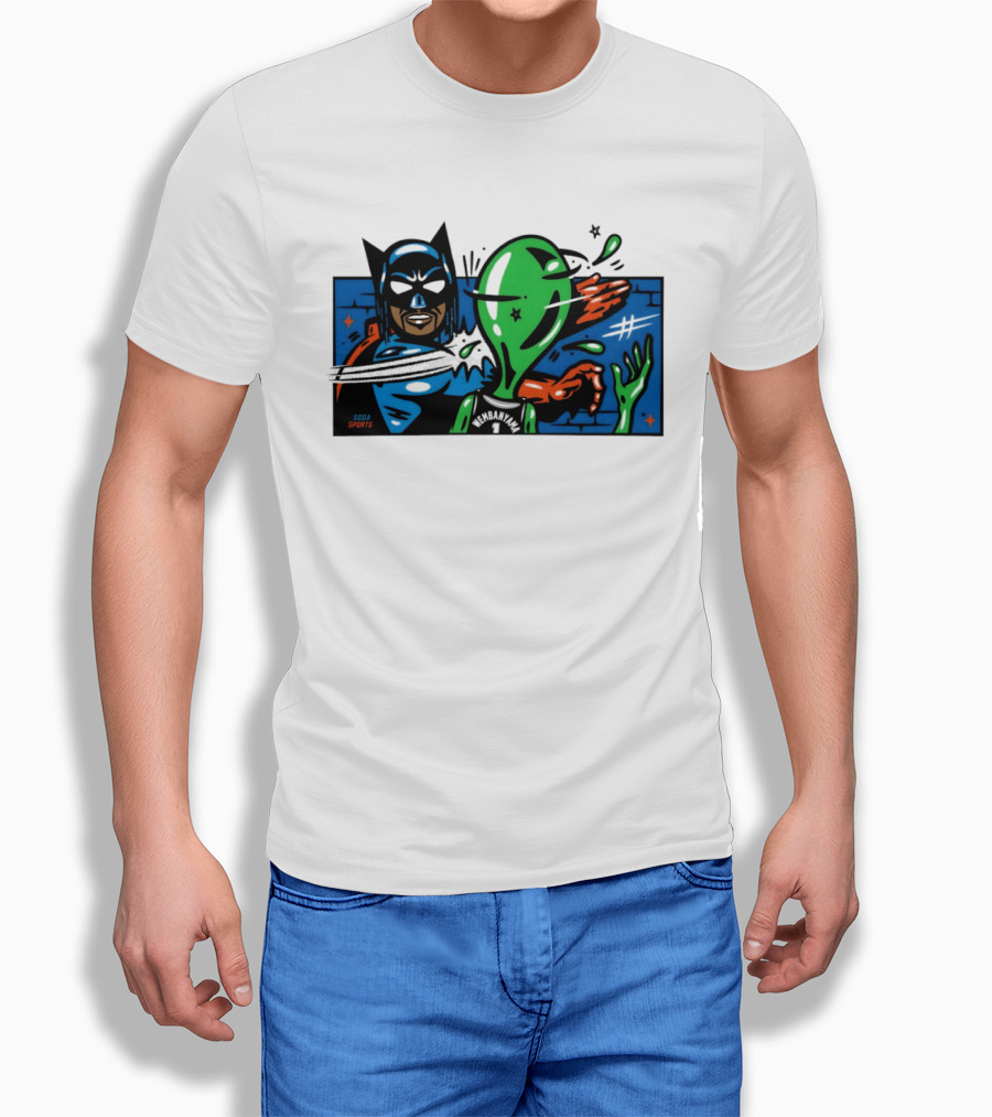 Batman Slapping Alien Knicks Beat Spurs NBA Final 2026 Soda Sports T-Shirt
