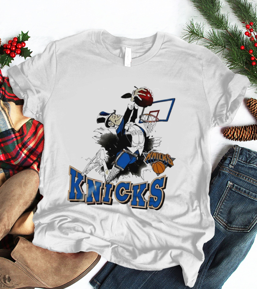 New York Knicks Dunking Red Apple Knicks Text Blue Basketball T-Shirt