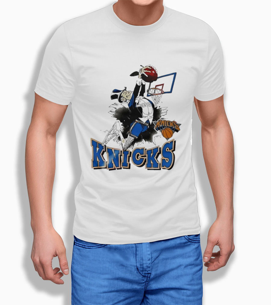 New York Knicks Dunking Red Apple Knicks Text Blue Basketball T-Shirt