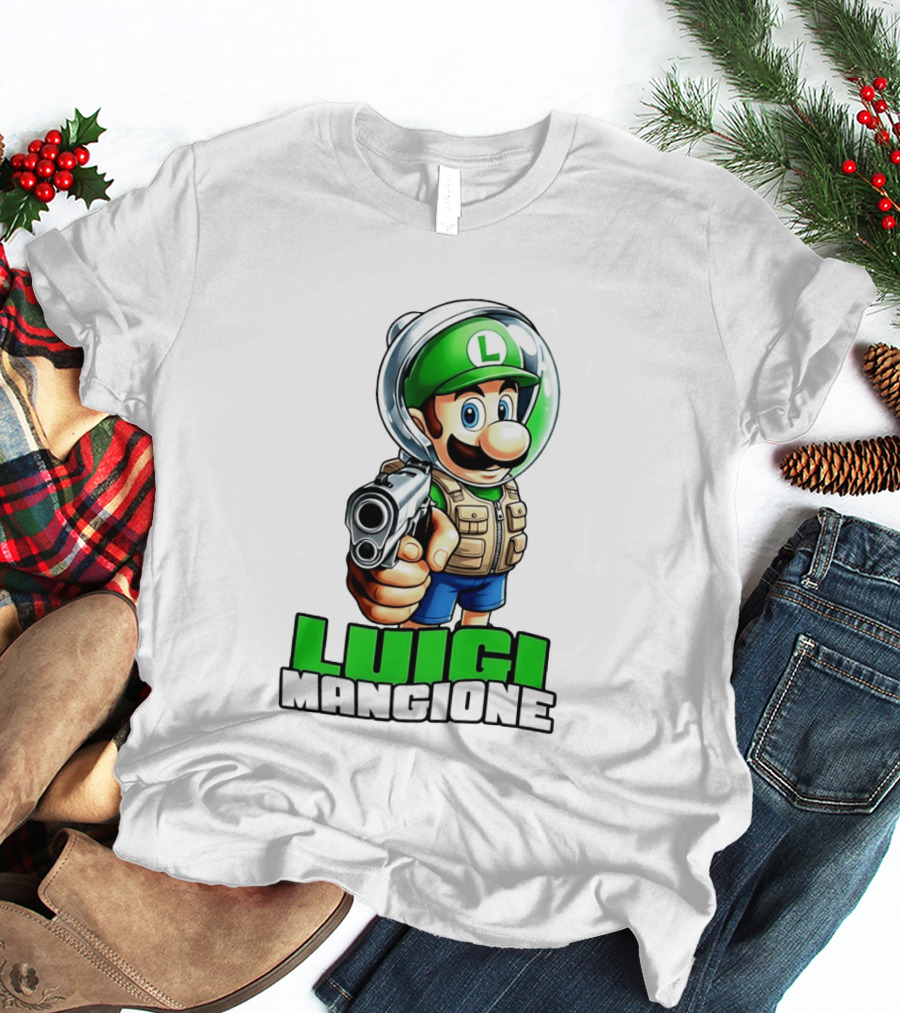 Luigi Mangione Super Mario Green Hat Gun Image T-Shirt