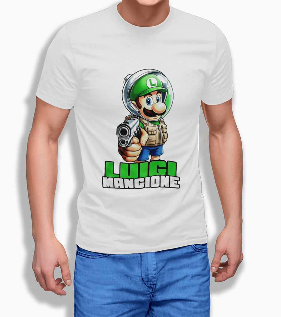 Luigi Mangione Super Mario Green Hat Gun Image T-Shirt