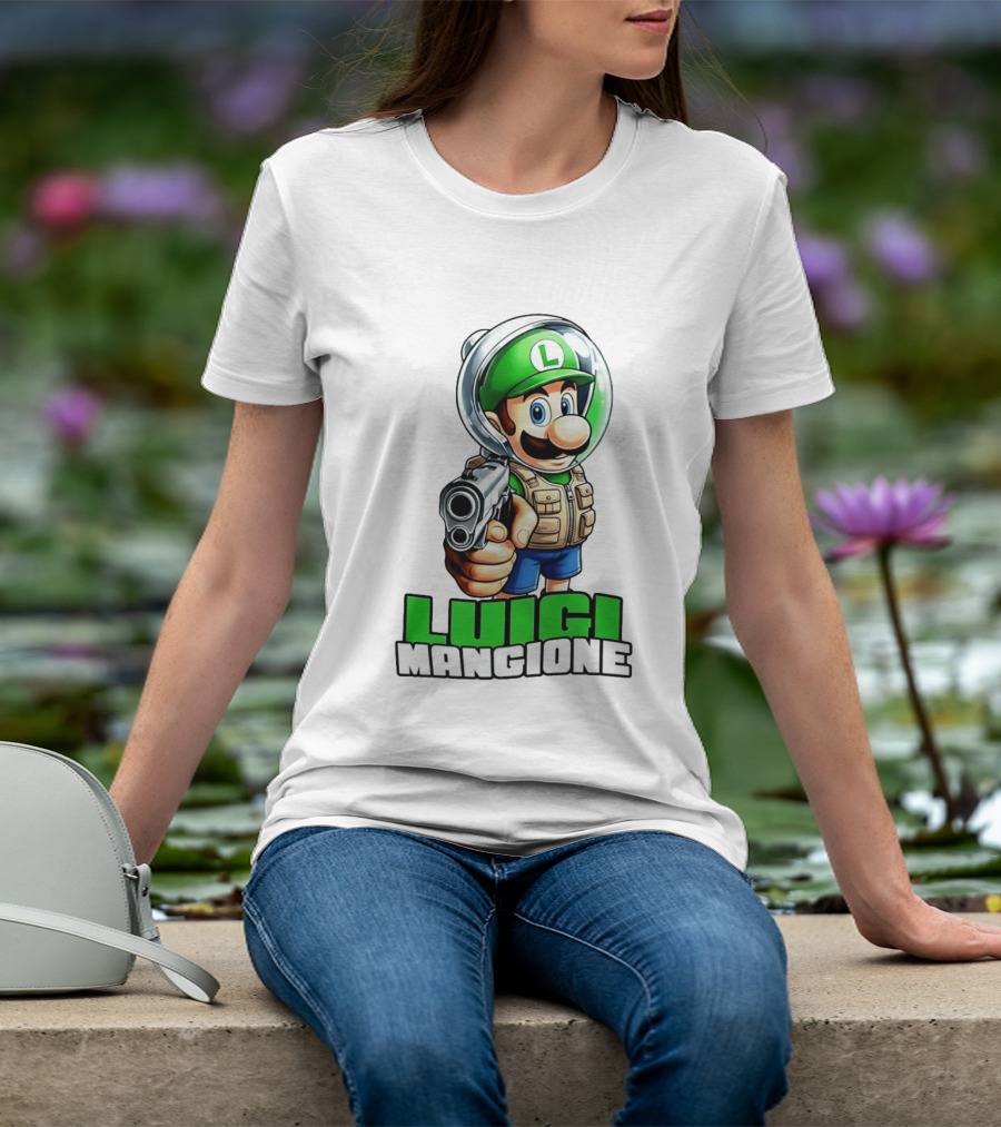 Luigi Mangione Super Mario Green Hat Gun Image T-Shirt