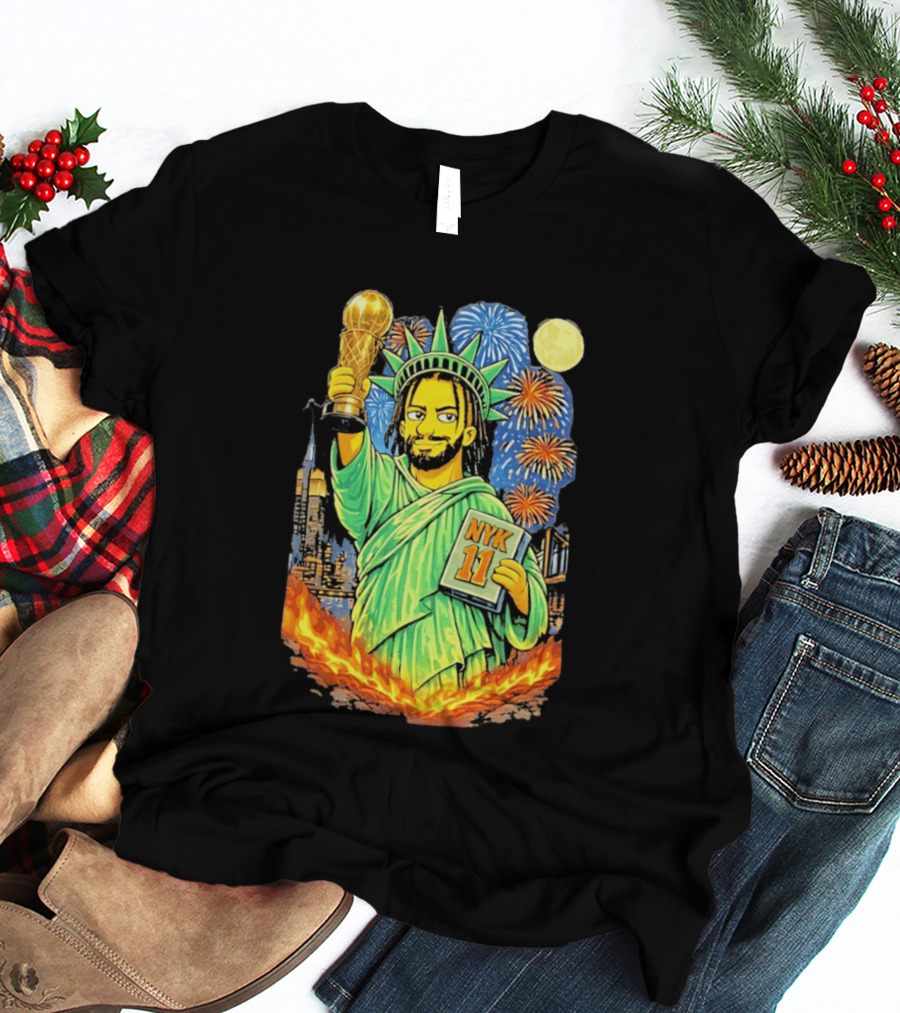 New York Knicks Jalen Brunson As Statue Of Liberty NYK 11 With Trophy And Fireworks T-Shirt