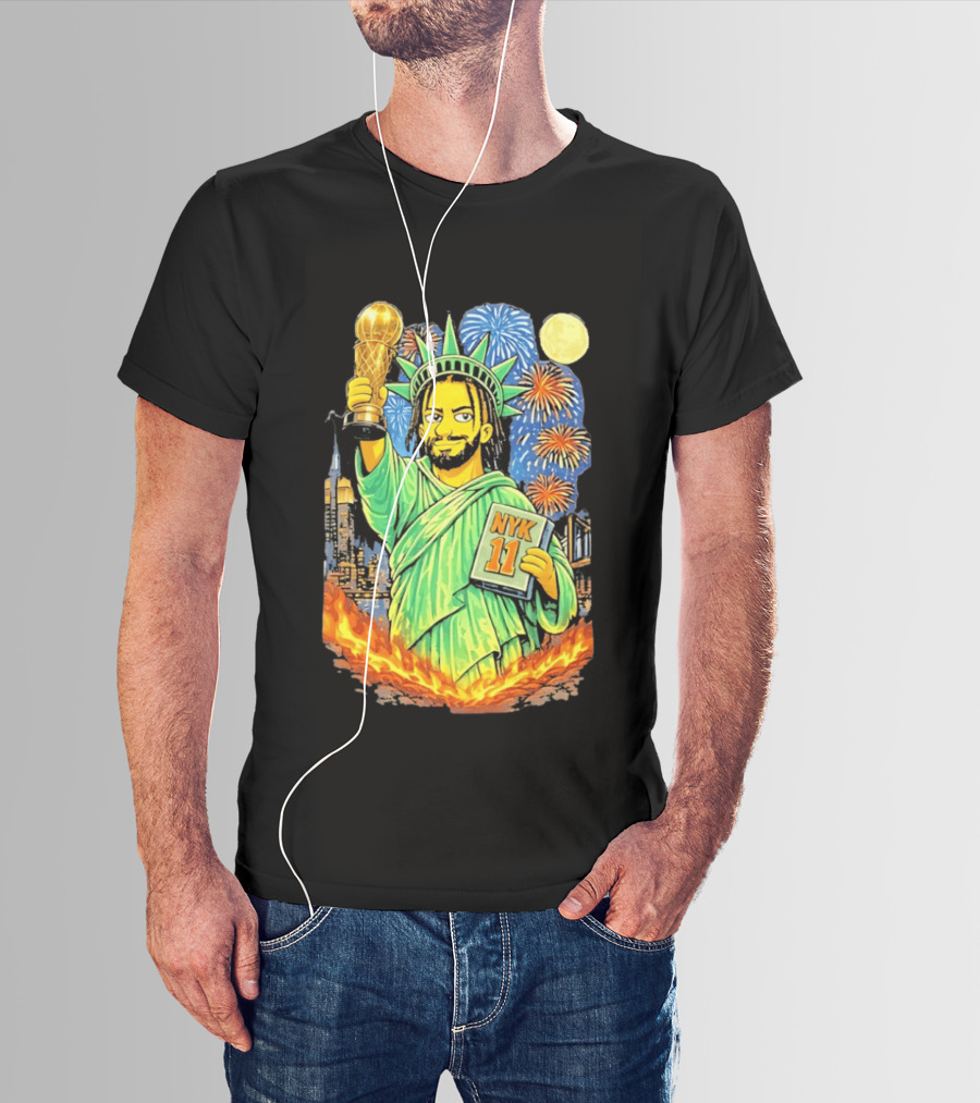 New York Knicks Jalen Brunson As Statue Of Liberty NYK 11 With Trophy And Fireworks T-Shirt
